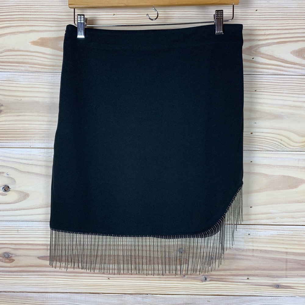 Allegra K Mini Skirt Women Medium Black Asymmetrical Metallic Chain‎ Fringe